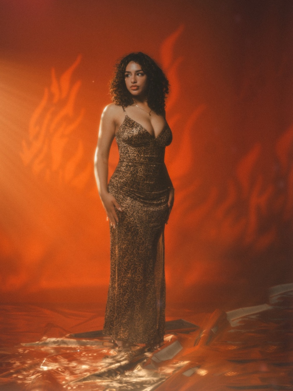 Leopard Print Shapewear Satin Deep-V Front Slit Maxi Dress